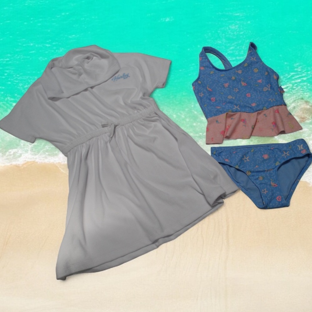 Hurley 3 Piece Girls Coastal Theme Bathing Suit Swimsuit Set with Cover-Up Robe